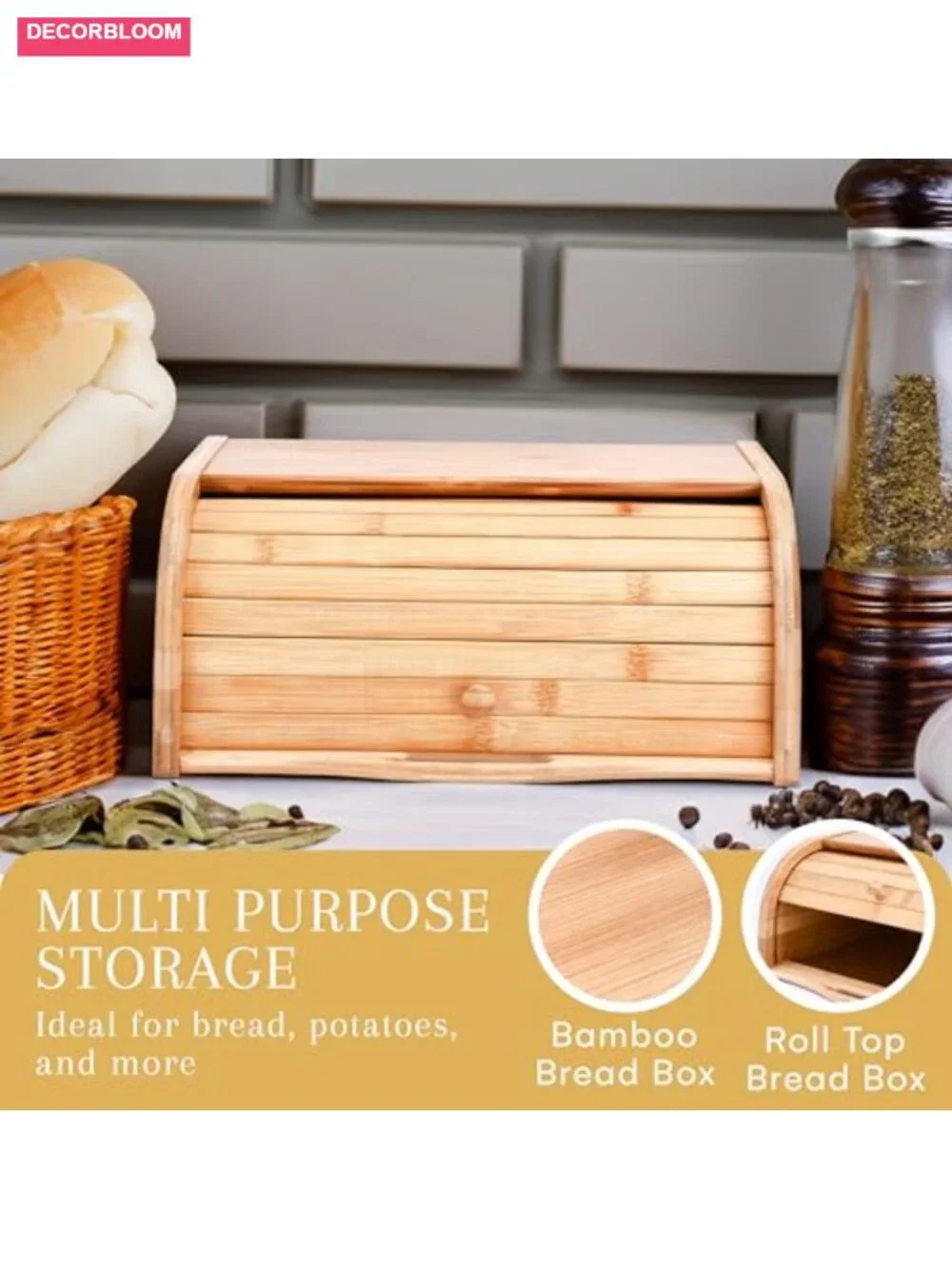 Bamboo Bread Box with Roll-Top Vintage Style Breadbox for Kitchen Counter